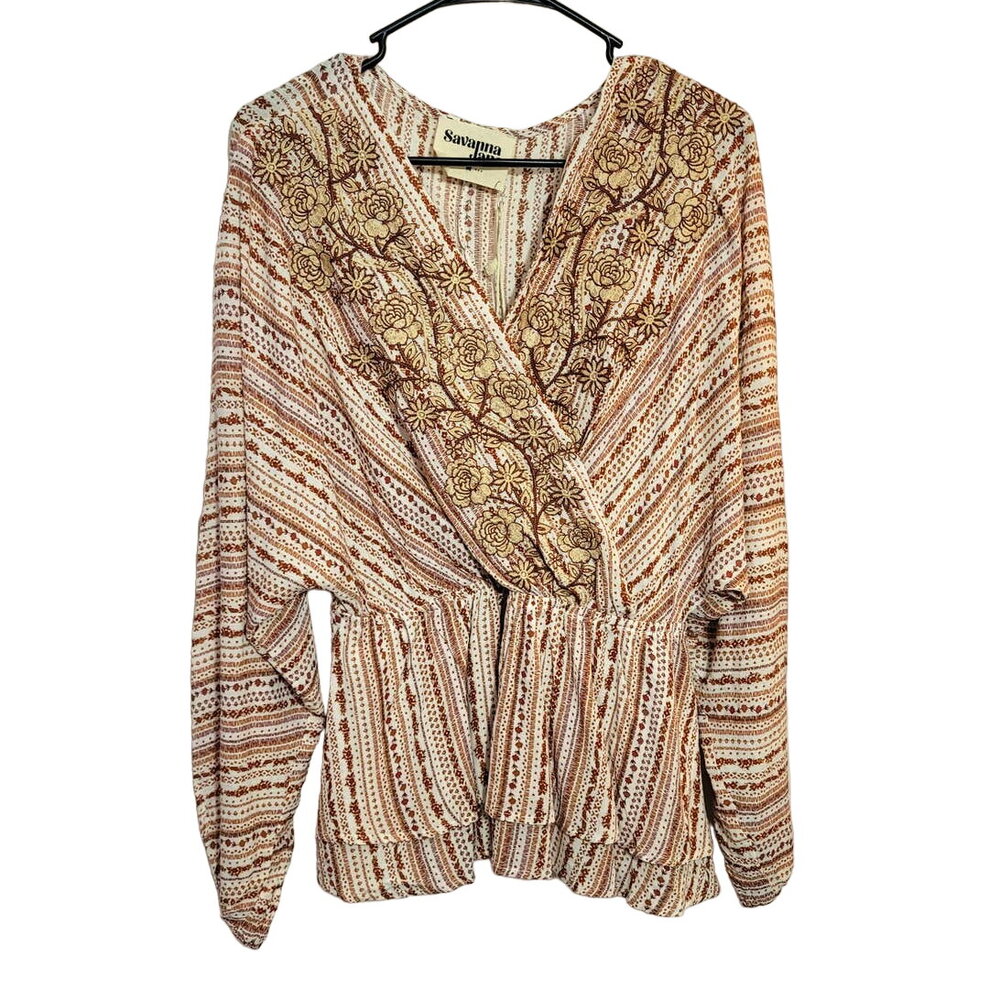 Savanna Jane Georgia Surplice Blouse Long Sleeve Floral Embroidered Size M‎